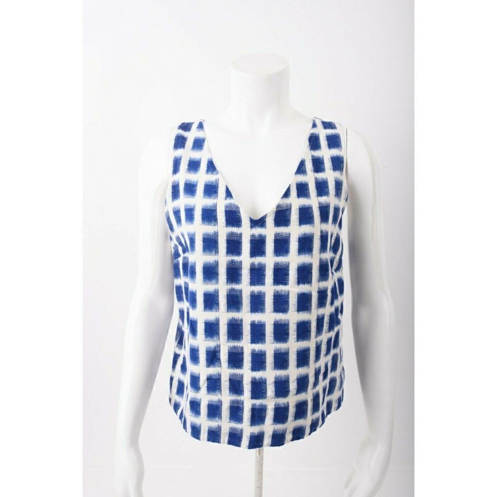 Porridge Anthropologie Womans Top Shirt Size S Royal Blue Checked Cotton V-Neck